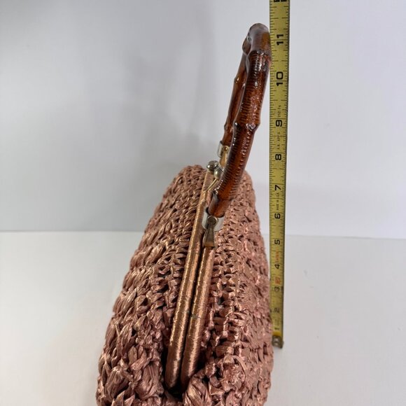 Vintage Pink Raffia Woven Handbag w/ Bamboo Handle Made in Italy - Picture 13 of 14